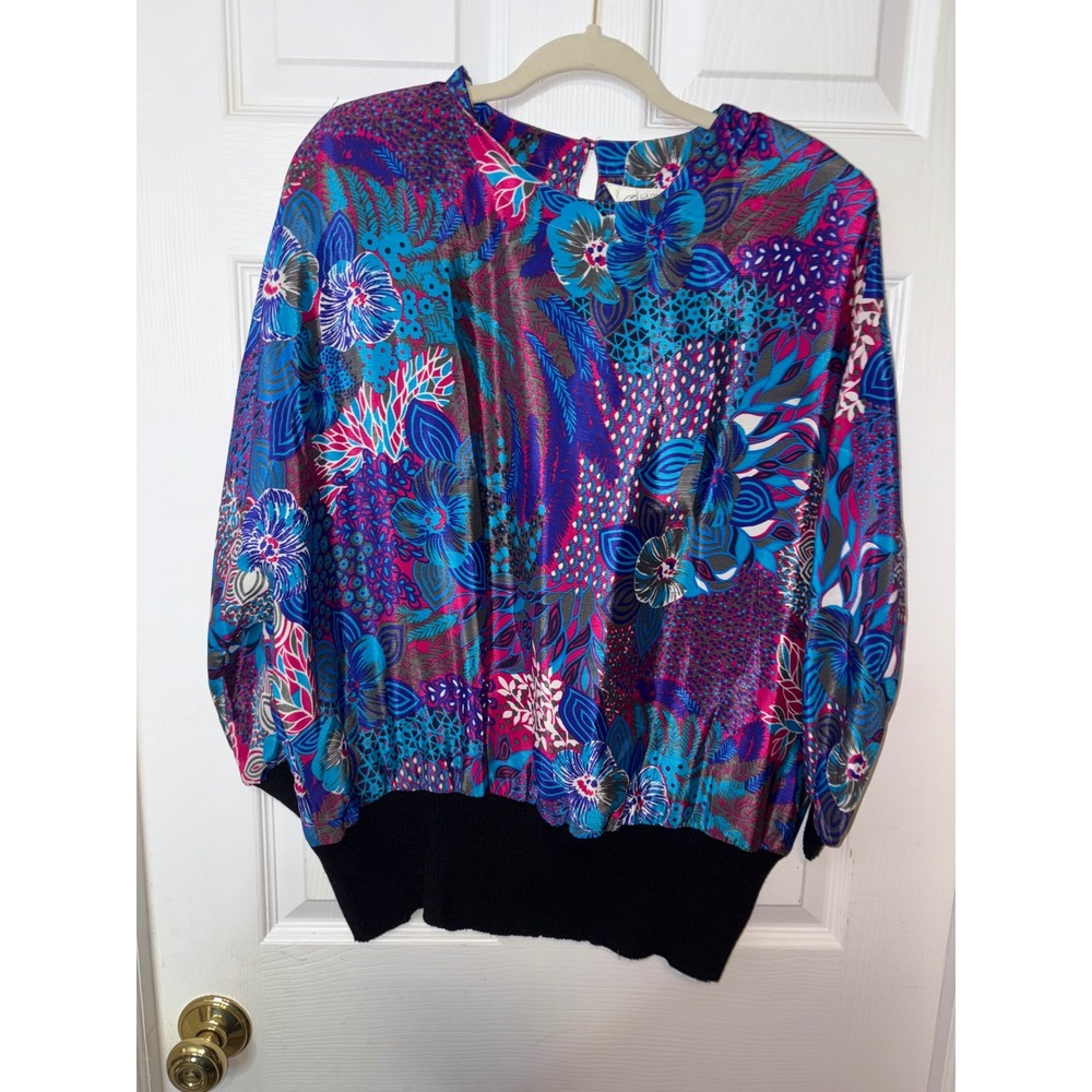 Vintage Lady Shapely Abstract Floral Print Long Sleeve Top Blouse 1404